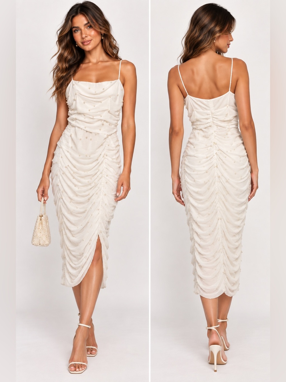Lulu's Ivory Pearl-Embellished Ruched Slip Event Feminine Romantic Dress Medium